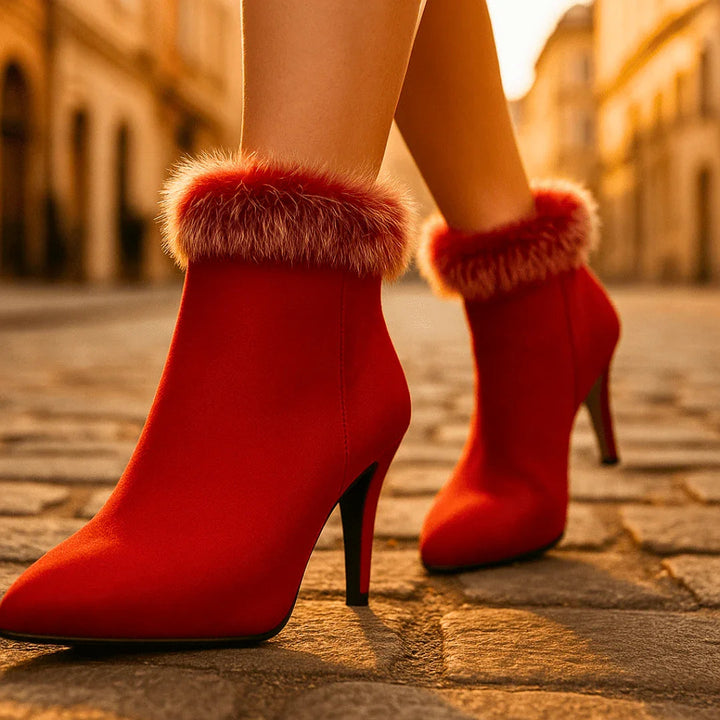 Pointed Toe Ankle Boots for Women with Kitten Heel and Fur Trim