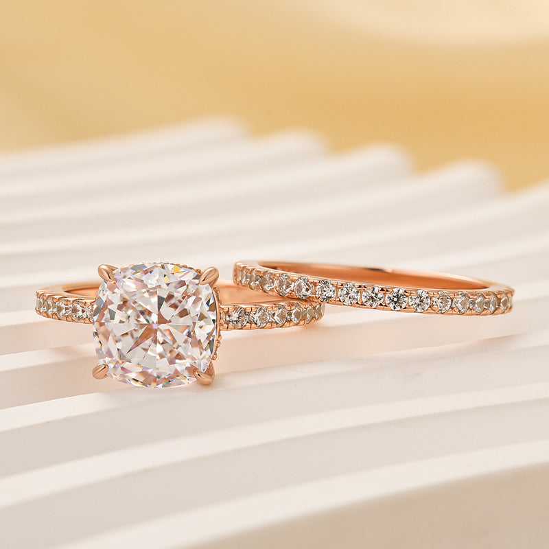 Rose Gold Bridal Ring Set - Cushion Cut Two Piece Wedding Rings