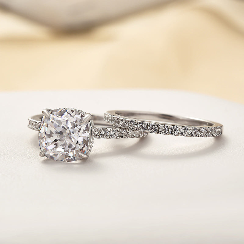Cushion Cut Bridal Ring Set White Gold Two Piece Wedding Engagement