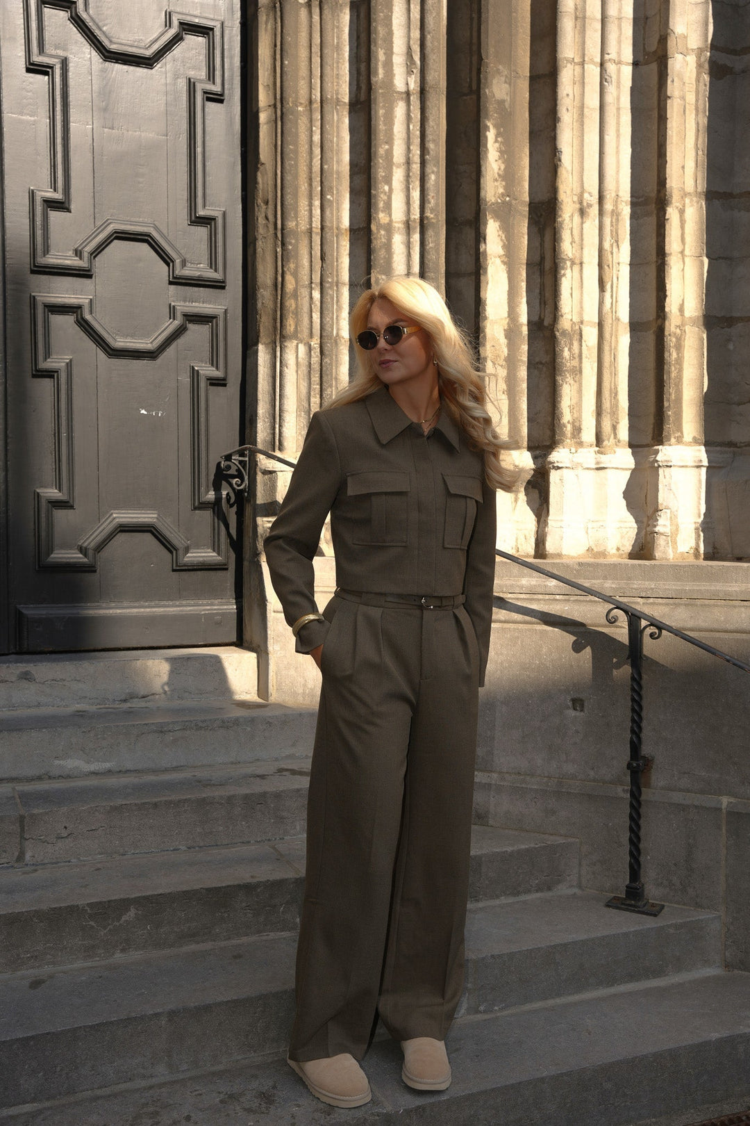 Wide Leg Trousers with Belt - Khaki Pleated Pants for Women