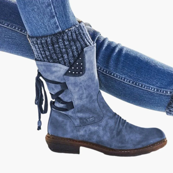 Mid Calf Winter Boots for Women with Knit Cuff and Lace Up Detail