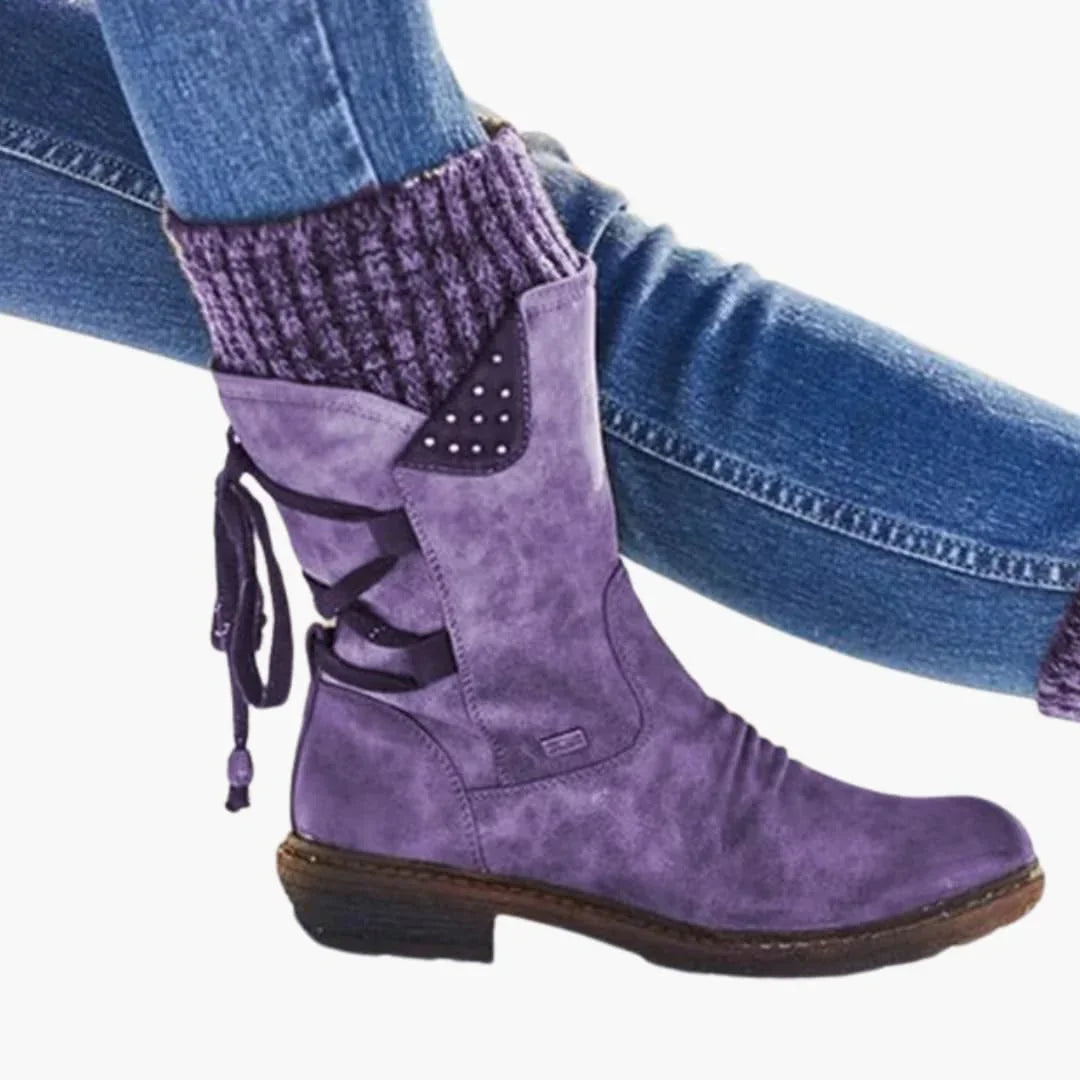 Mid Calf Winter Boots for Women with Knit Cuff and Lace Up Detail
