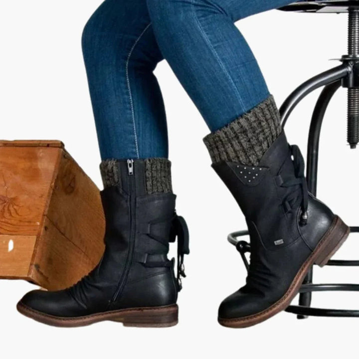 Mid Calf Winter Boots for Women with Knit Cuff and Lace Up Detail