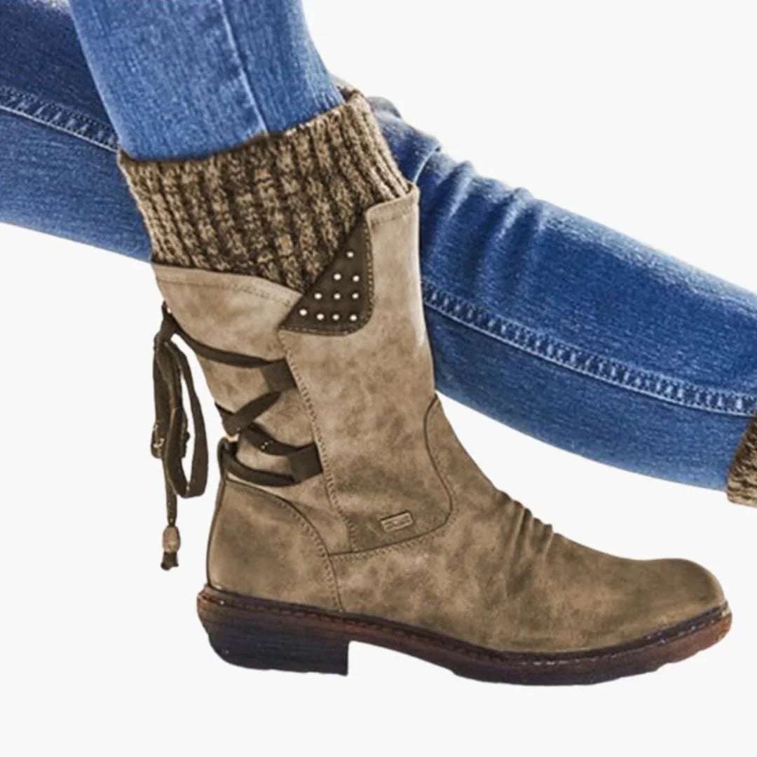 Mid Calf Winter Boots for Women with Knit Cuff and Lace Up Detail