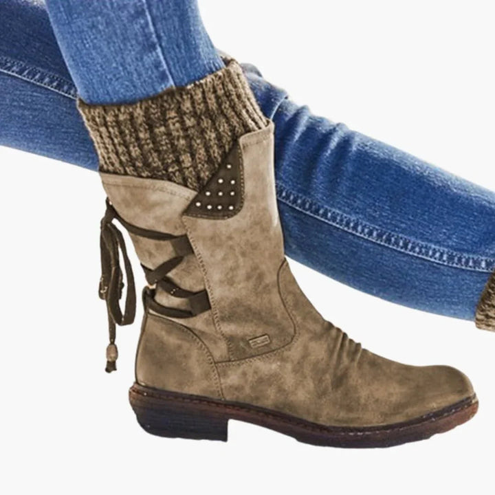 Mid Calf Winter Boots for Women with Knit Cuff and Lace Up Detail