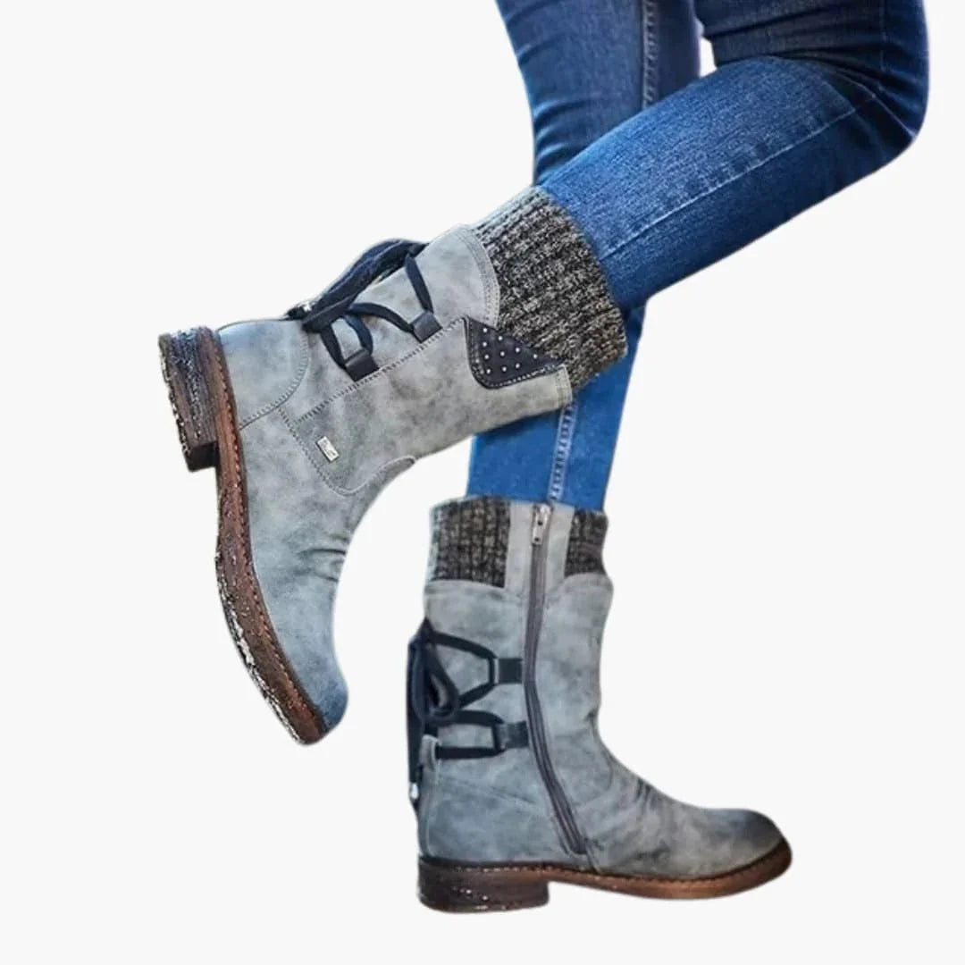 Mid Calf Winter Boots for Women with Knit Cuff and Lace Up Detail
