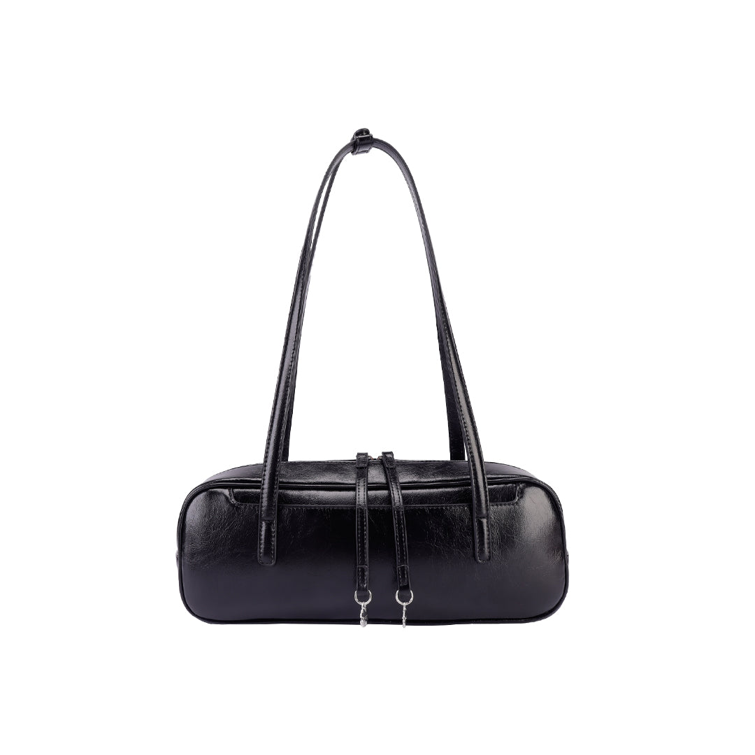 Black Leather Shoulder Bag - Boston Style Handbag for Women