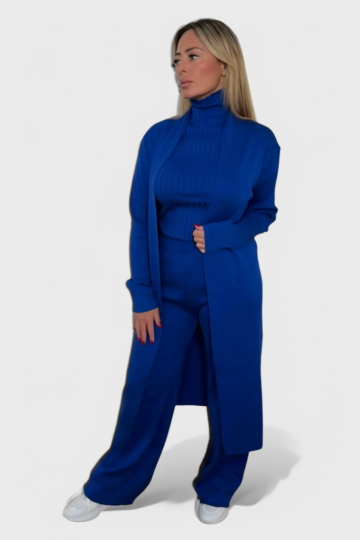 3-Piece Knit Set Long Cardigan Wide Leg Pants Turtleneck