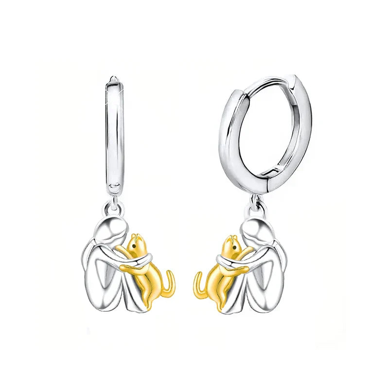 Cat Hug Dangle Earrings Two-Tone Gold Silver Hoop Style