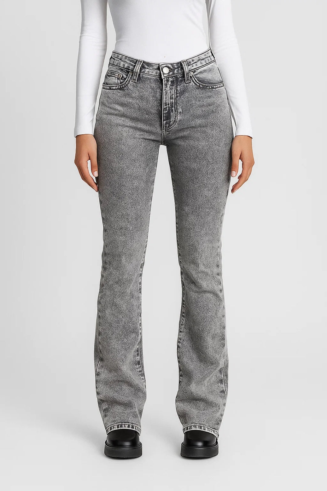 High Waisted Bootcut Jeans Women Gray Acid Wash Denim