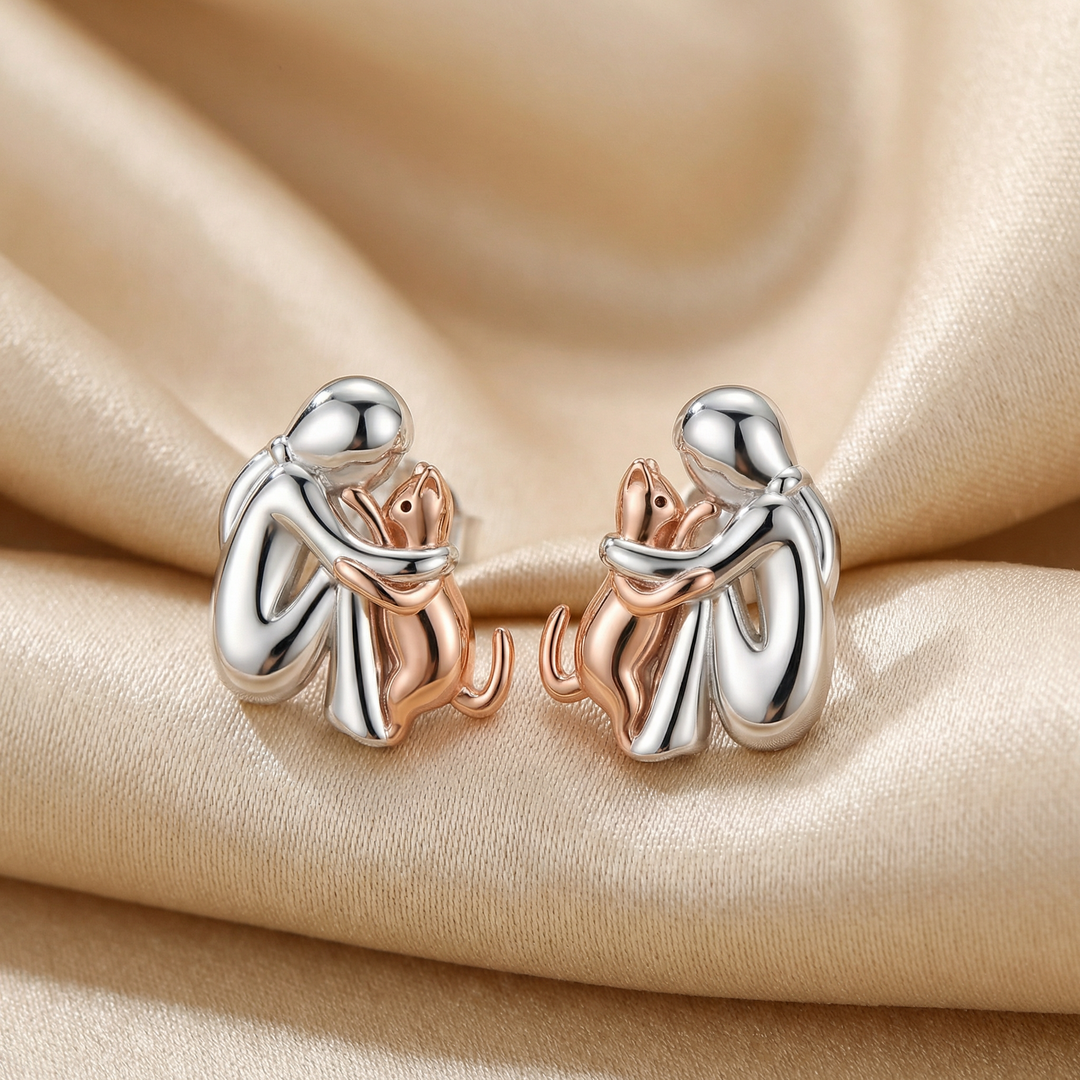 Cat Hug Stud Earrings Rose Gold Silver Two Tone Post Earrings