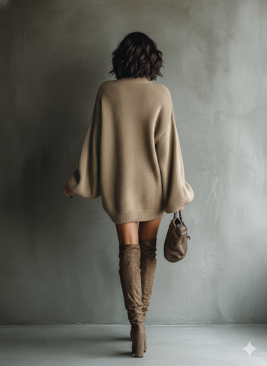 Caramel Brown Knit Sweater Dress with Long Sleeves