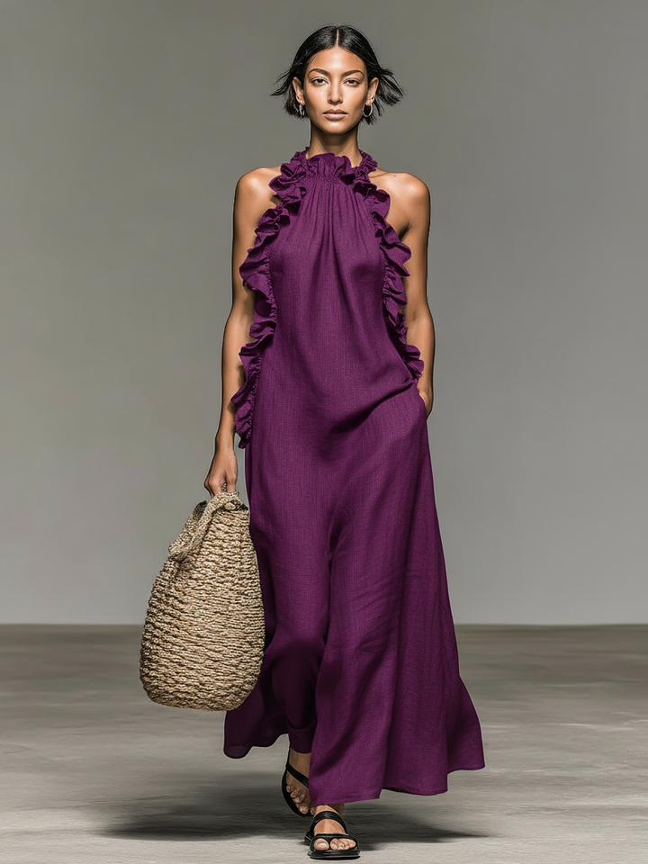 Linen Maxi Dress with Ruffle Detail for Women