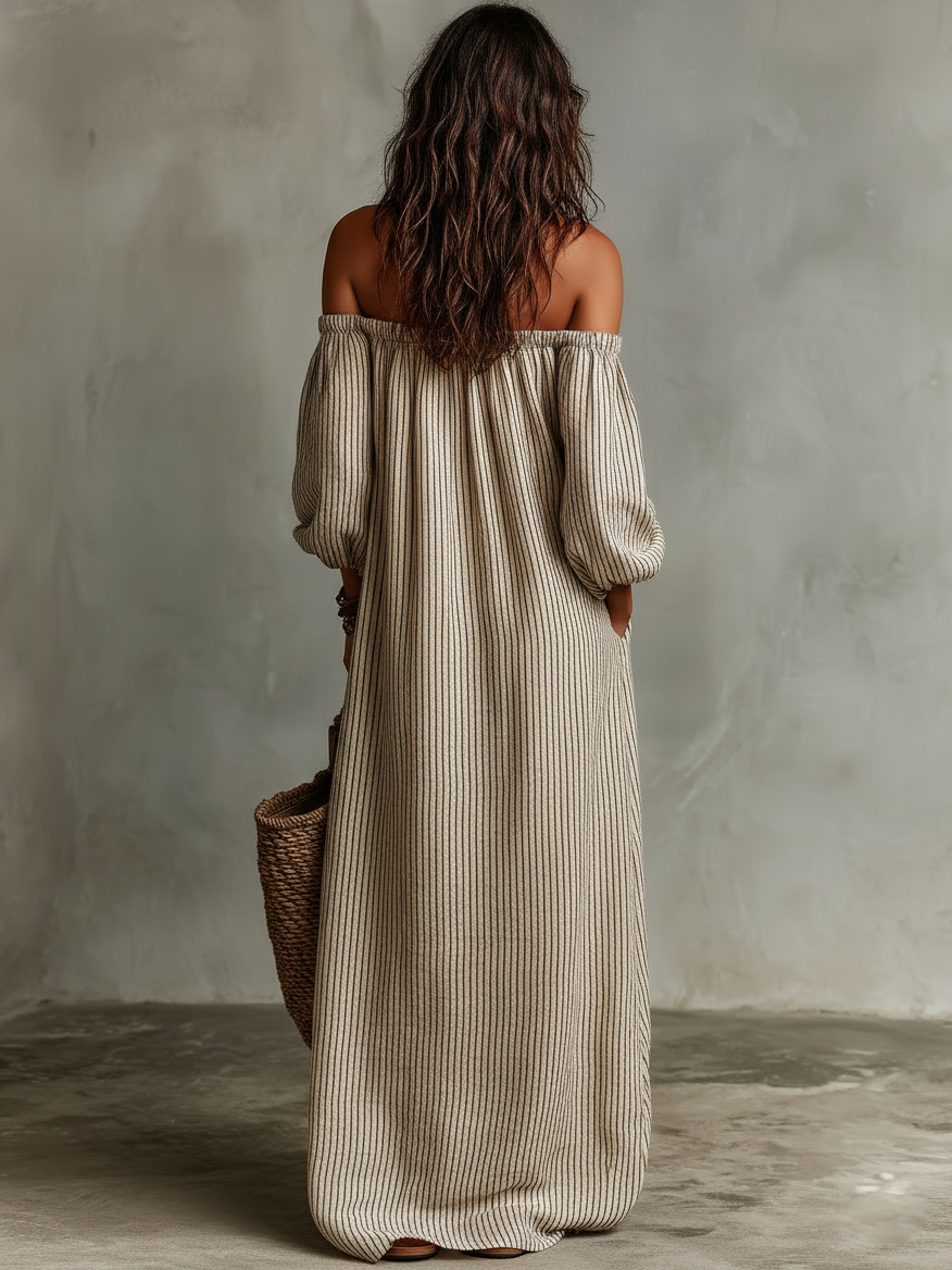 Off Shoulder Maxi Dress Cotton Linen Long Sleeve