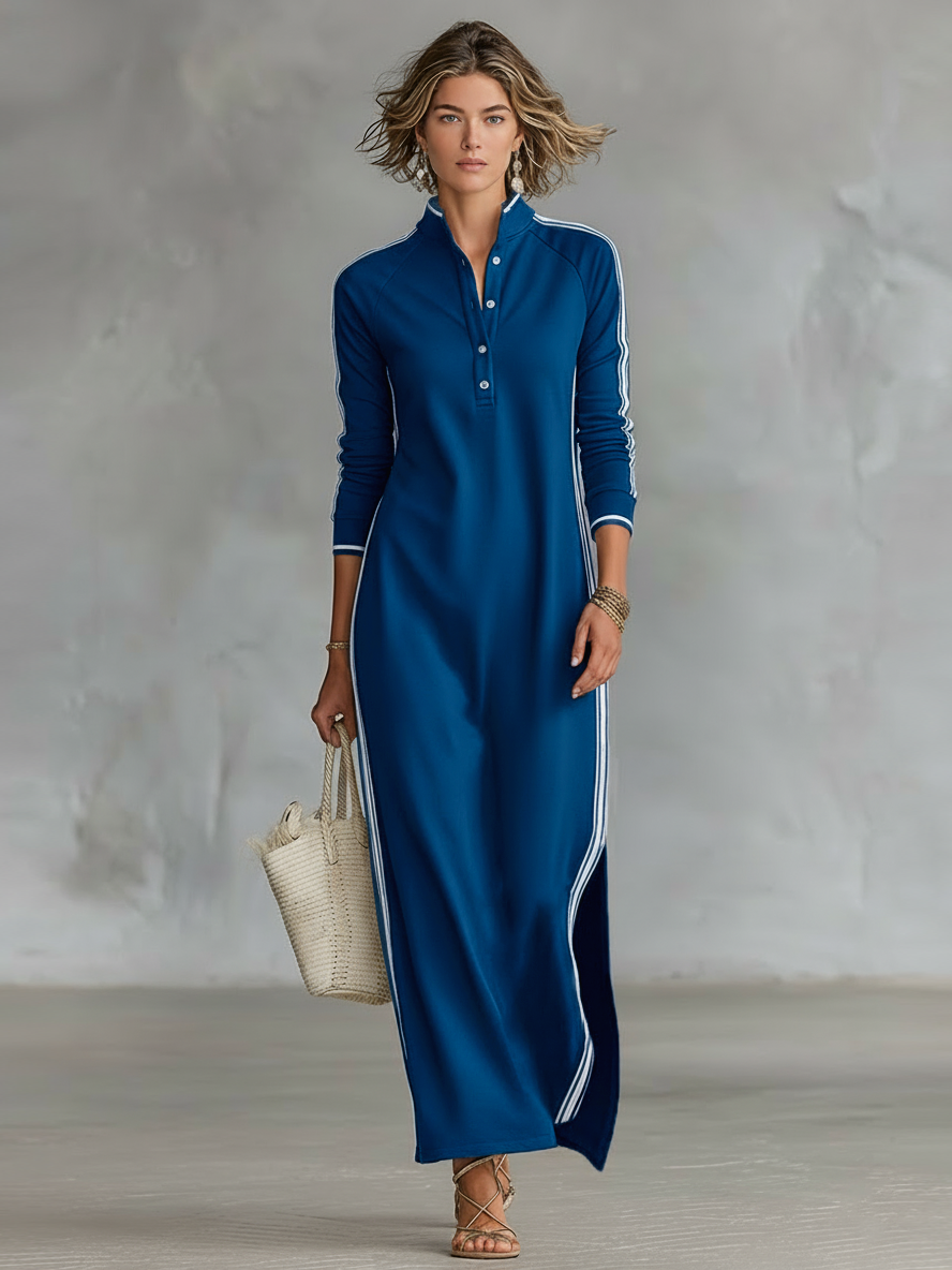 Minimalist Maxi Sweatshirt Dress with Collar and White Trim