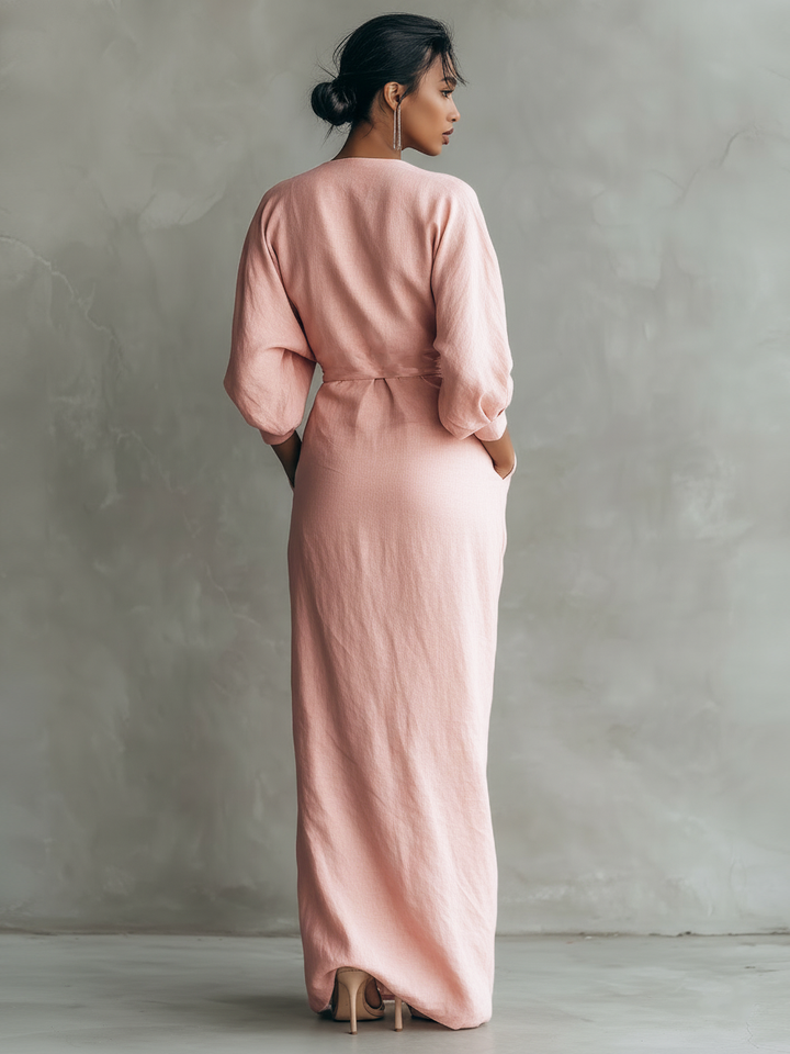Linen Maxi Dress V Neck Long Sleeve Minimalist Summer Dress