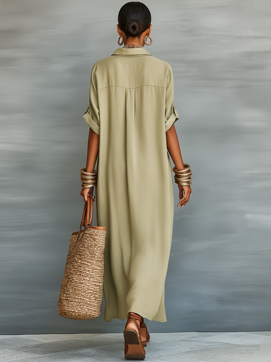 Linen Maxi Dress Short Sleeve Shirt Dress for Women