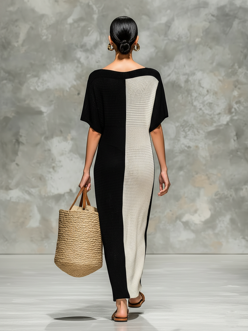 Knit Maxi Dress with Boat Neck and Short Sleeves