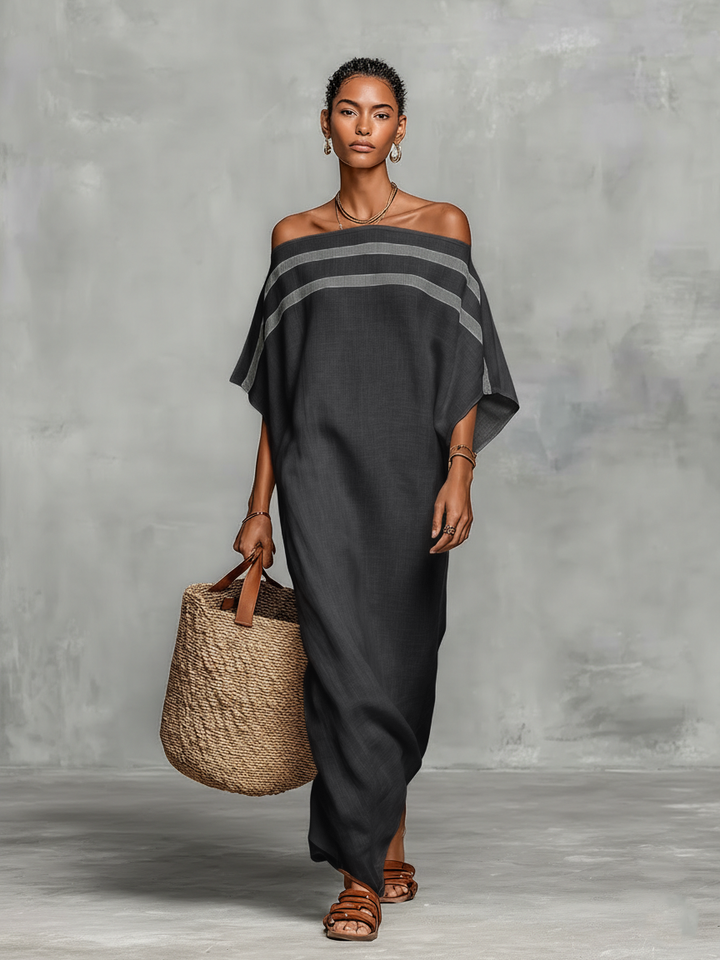 Linen Maxi Dress Off Shoulder Batwing Sleeve Casual