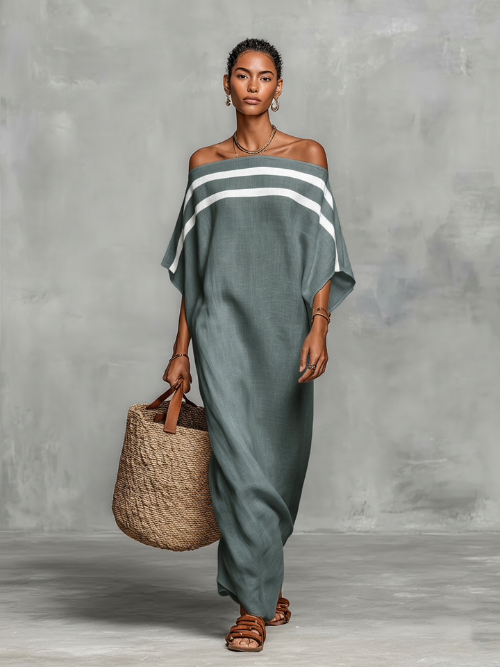 Linen Maxi Dress Off Shoulder Batwing Sleeve Casual