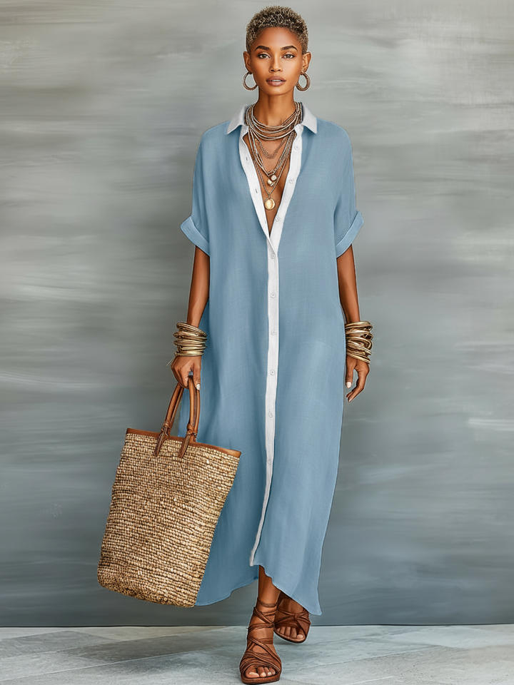 Linen Maxi Dress Short Sleeve Shirt Dress for Women
