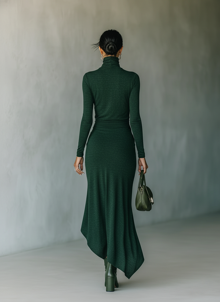Knit Wrap Midi Dress - High Neck Long Sleeve Bodycon