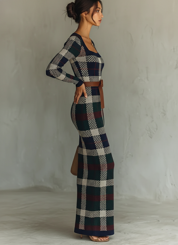 Square Neck Belted Maxi Dress with Long Sleeves