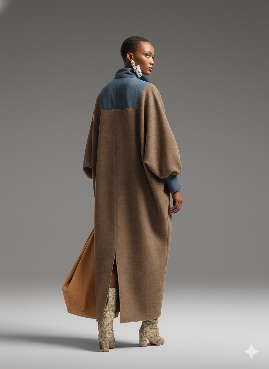 Color Block Maxi Dress with Stand Collar - Loose Fit Long Sleeve
