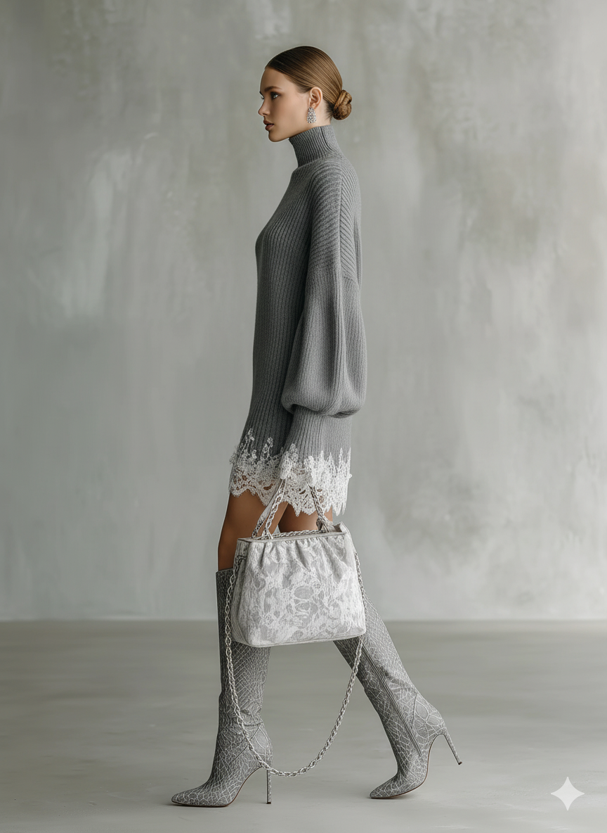 Grey Knit Turtleneck Sweater Dress with Lace Hem Detail