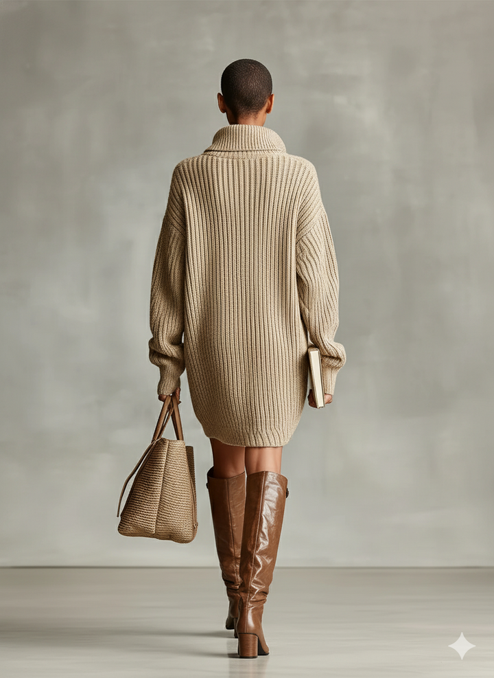 Camel Cardigan Dress for Women - Button Front Mini Sweater Dress