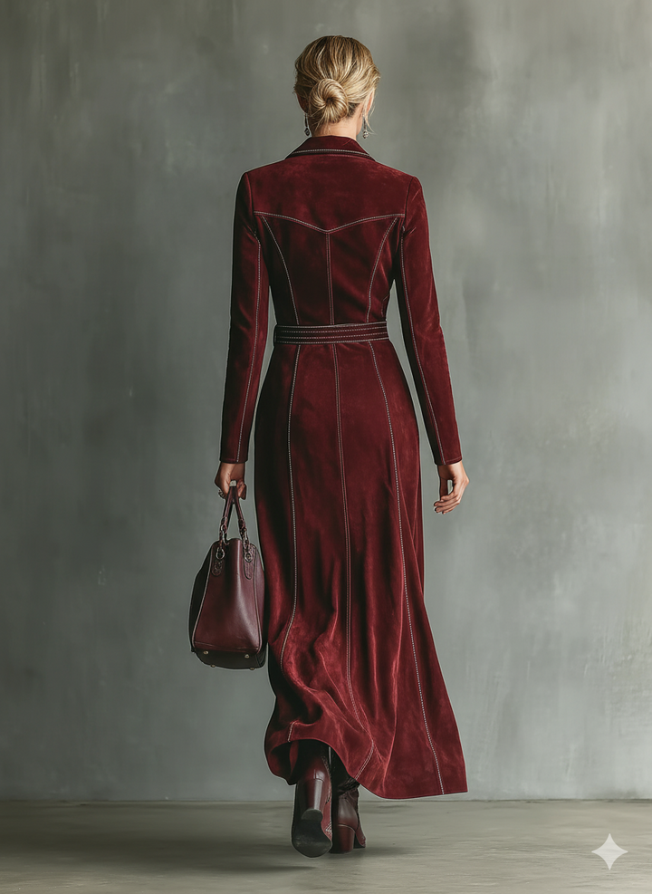 Burgundy Maxi Dress Long Sleeve Faux Suede V-Neck