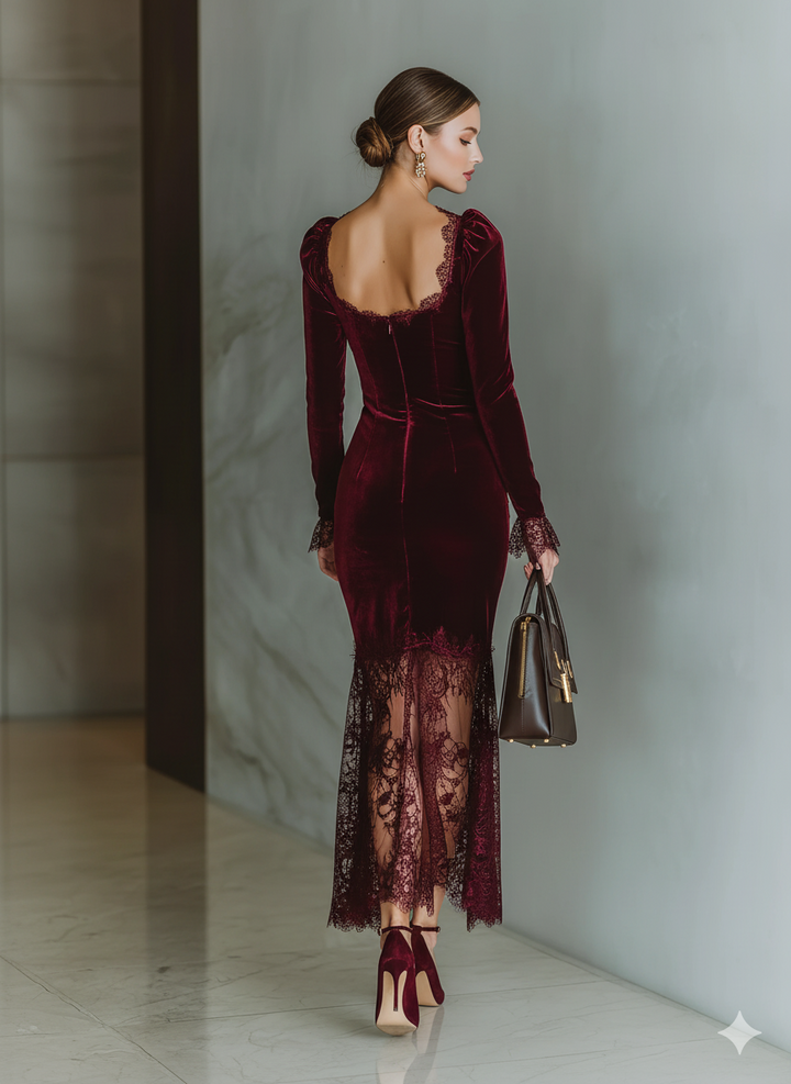 Burgundy Velvet Maxi Dress with Lace Detail for Women