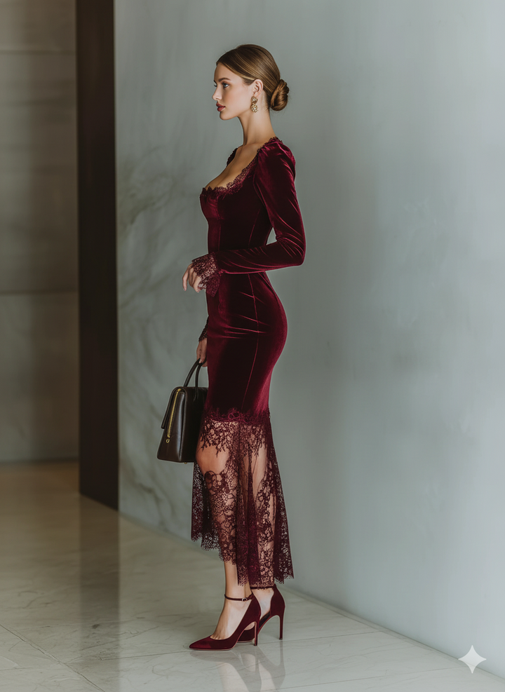Burgundy Velvet Maxi Dress with Lace Detail for Women