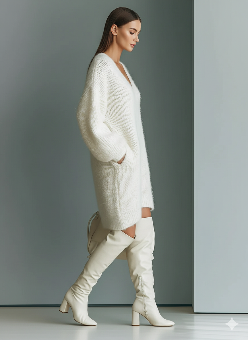 White Sweater Dress for Women V-Neck Long Sleeve Mini Knit