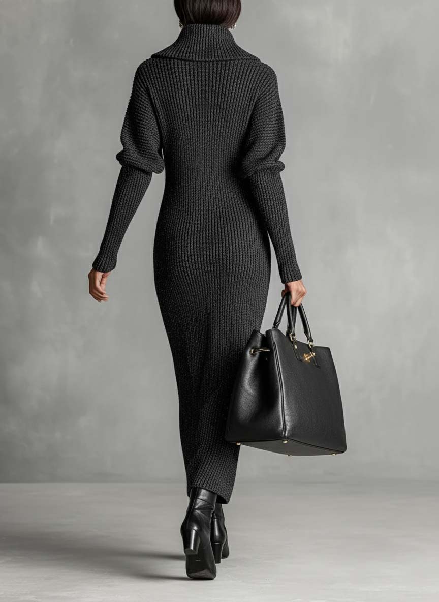 Knitted Maxi Dress with Zipper Neck for Women