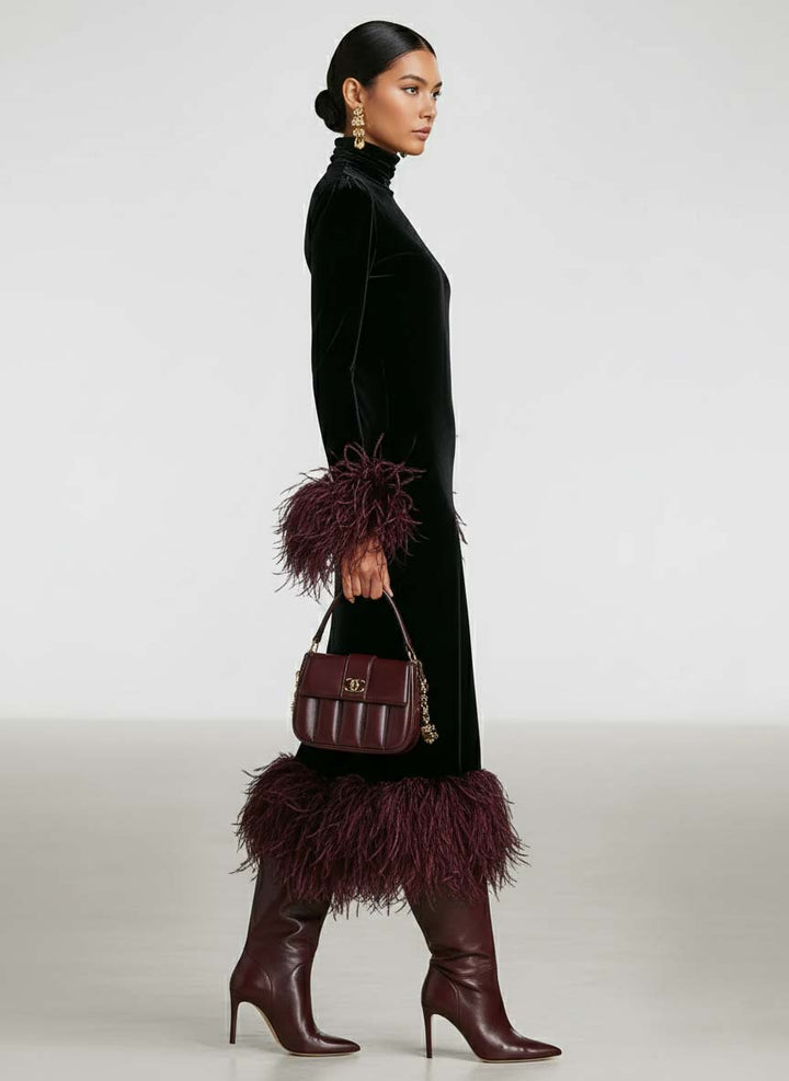 Velvet Maxi Dress with Feather Trim - Evening Formal Gown