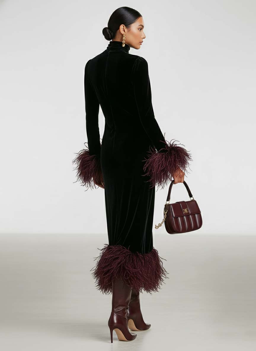 Velvet Maxi Dress with Feather Trim - Evening Formal Gown