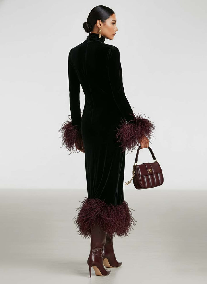 Velvet Maxi Dress with Feather Trim - Evening Formal Gown
