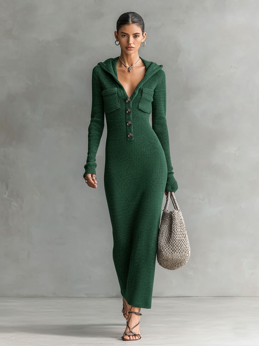 Hooded Knit Maxi Dress - Casual Long Sleeve Sweater Dress