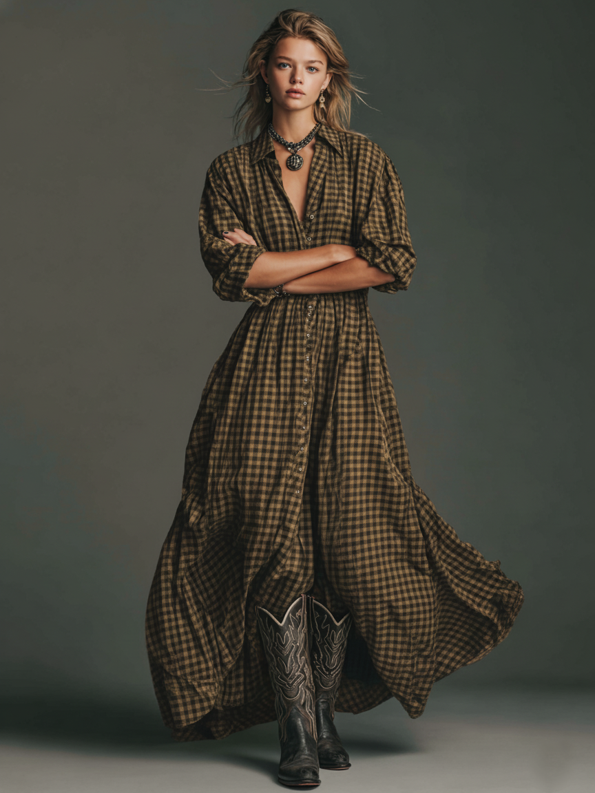 Plaid Shirt Dress Maxi Length Long Sleeve Button Front
