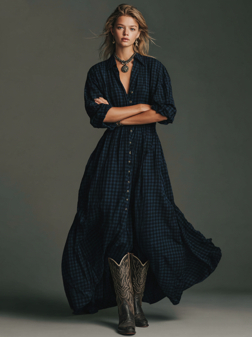 Plaid Shirt Dress Maxi Length Long Sleeve Button Front