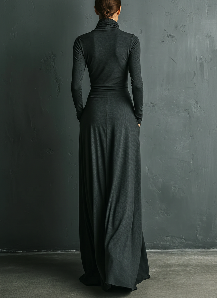 Turtleneck Maxi Dress for Women - Charcoal Long Sleeve Draped