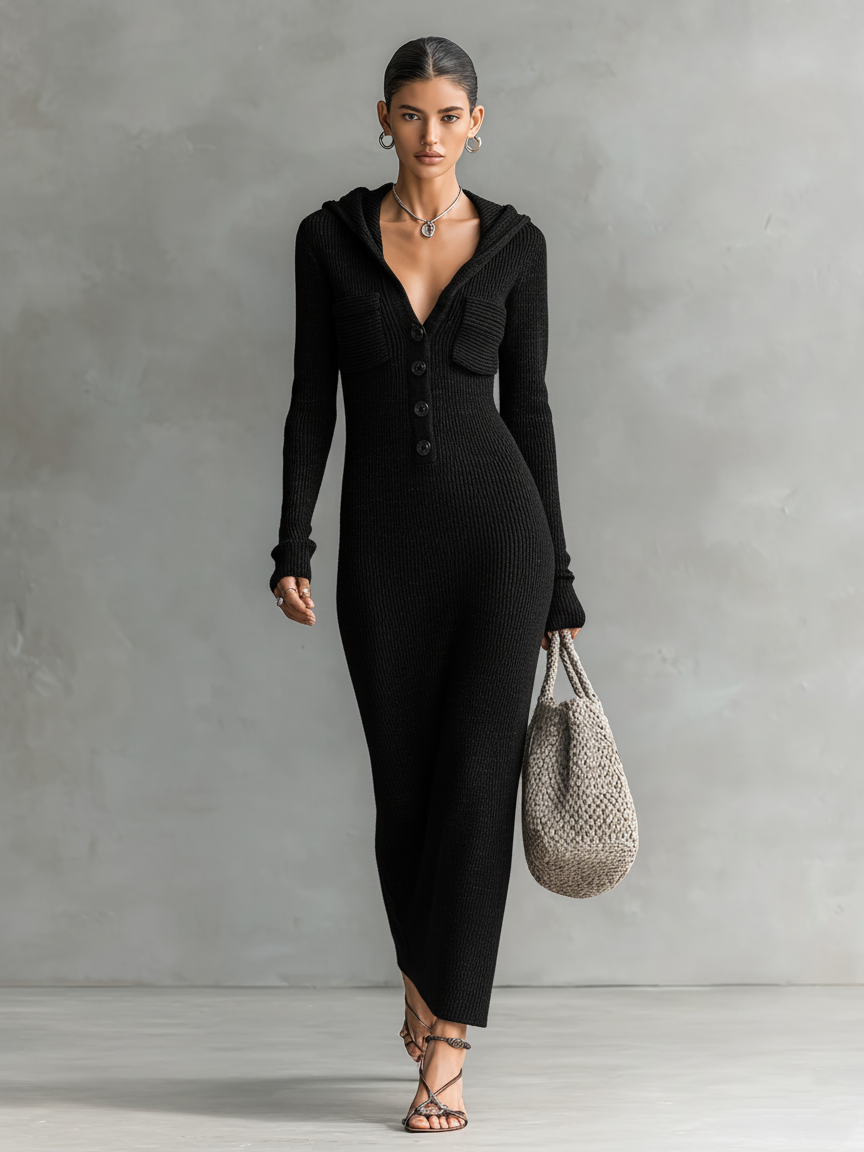 Hooded Knit Maxi Dress - Casual Long Sleeve Sweater Dress