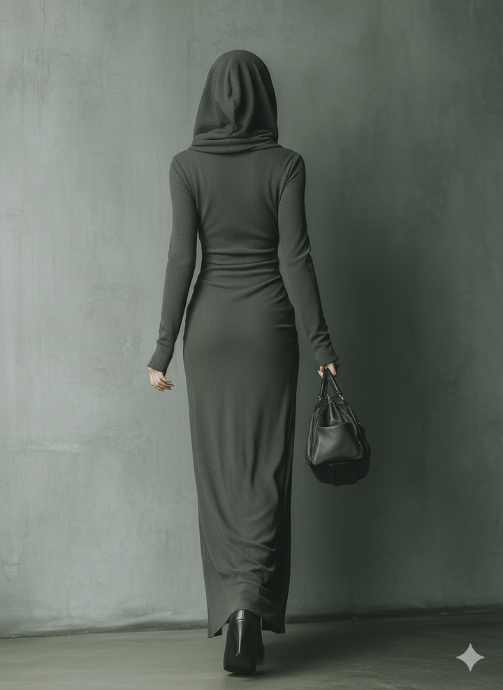 Hooded Maxi Dress Knit Long Sleeve Lounge Dress