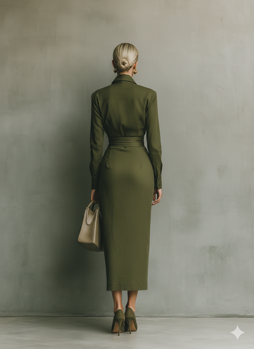Army Green Maxi Dress for Women - Long Sleeve Cotton Blend