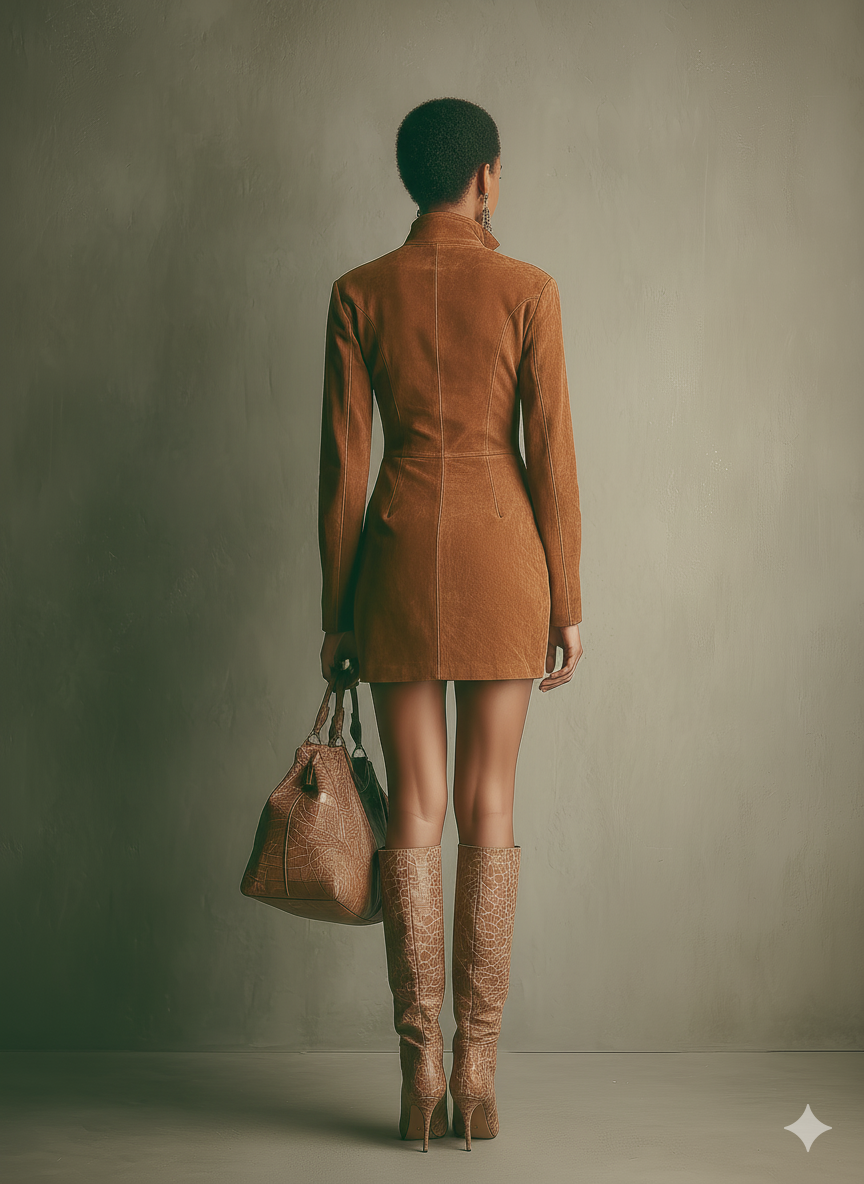 Faux Suede Mini Dress Long Sleeve with Zipper Front