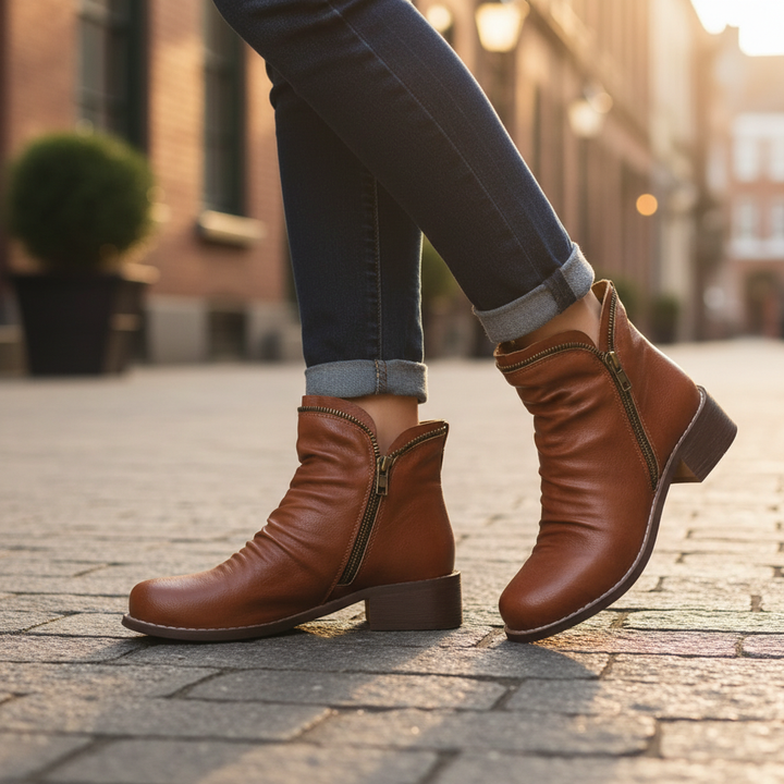 Brown Leather Slouch Boots With Side Zip Detail