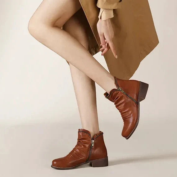 Brown Leather Slouch Boots With Side Zip Detail