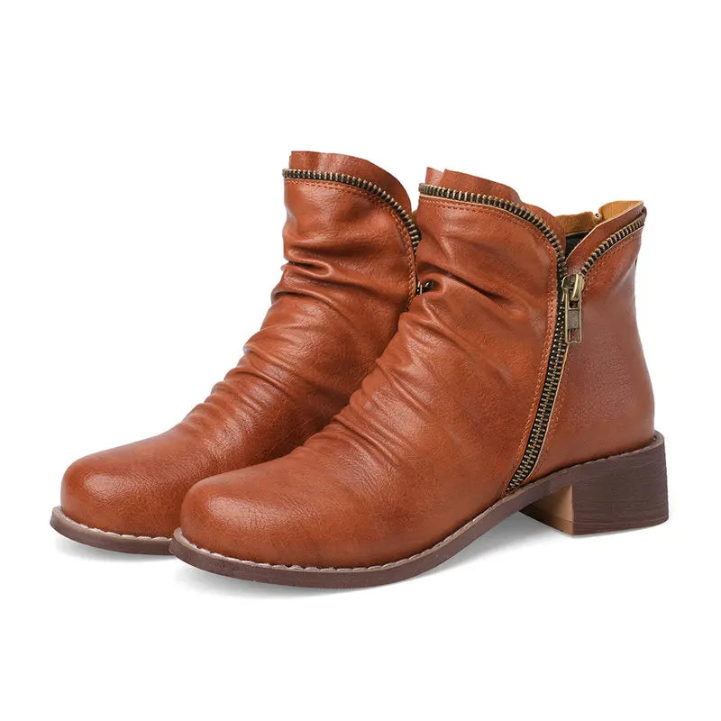 Brown Leather Slouch Boots With Side Zip Detail