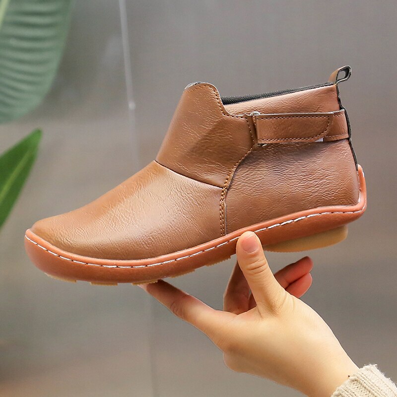 Leather Ankle Boots for Women Round Toe Stacked Heel